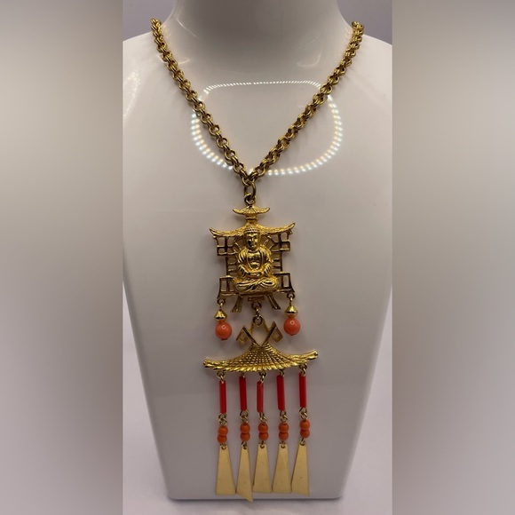 Rare Gorgeous Vintage 1960s Buddha Faux Coral Gold Tone Necklace ART Signed - Picture 11 of 15